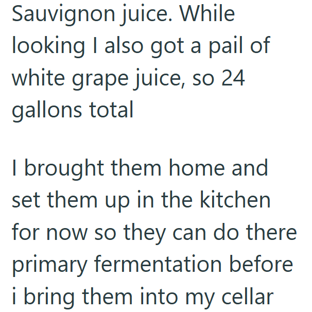 Sauvignon juice. While looking I also got a pail of white grape juice, so 24 gallons total I brought them home and set them up in the kitchen for now so they can do there primary fermentation before i bring them into my cellar
