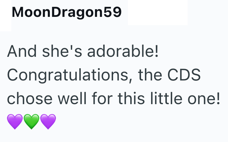 MoonDragon59 And she's adorable! Congratulations, the CDS chose well for this little one!