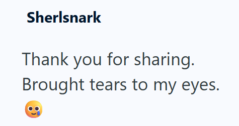 Sherlsnark Thank you for sharing. Brought tears to my eyes.