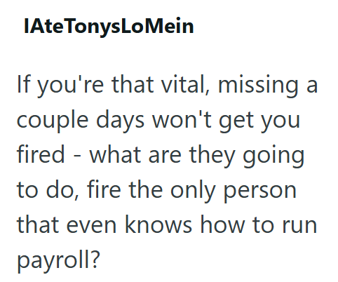 IAte TonysLoMein If you're that vital, missing a couple days won't get you fired - what are they going to do, fire the only person that even knows how to run payroll?