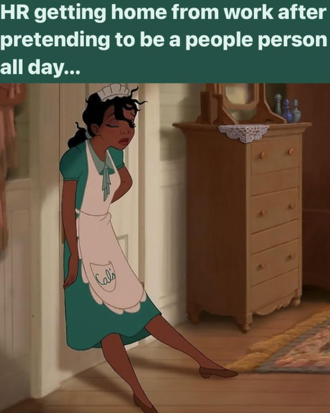 HR getting home from work after pretending to be a people person all day... Cal's