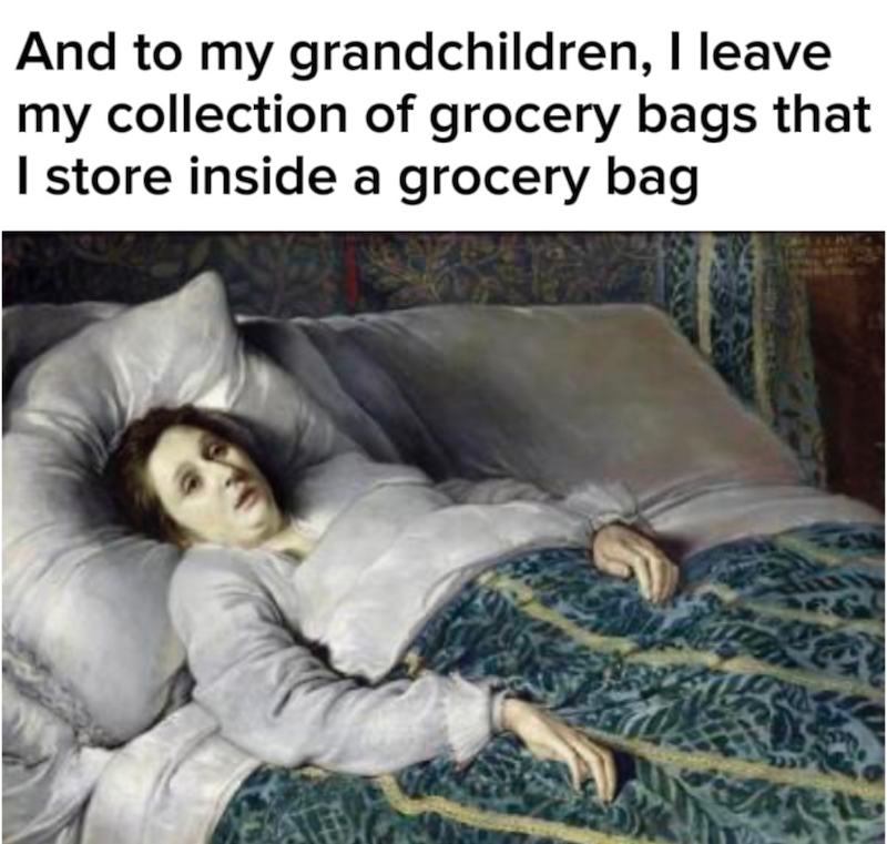 And to my grandchildren, I leave my collection of grocery bags that I store inside a grocery bag
