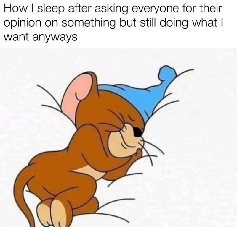 How I sleep after asking everyone for their opinion on something but still doing what I want anyways