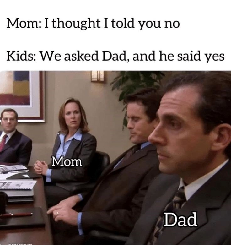 Mom: I thought I told you no Kids: We asked Dad, and he said yes STUFOLOGATUCO Mom Dad