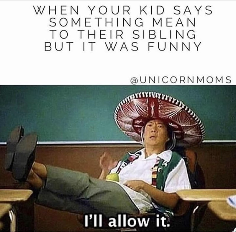 WHEN YOUR KID SAYS SOMETHING MEAN TO THEIR SIBLING BUT IT WAS FUNNY @UNICORN MOMS I'll allow it.