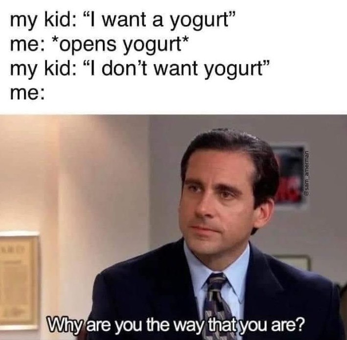 my kid: "I want a yogurt" me: *opens yogurt* my kid: "I don't want yogurt" me: Why are you the way that you are? @sam amerman