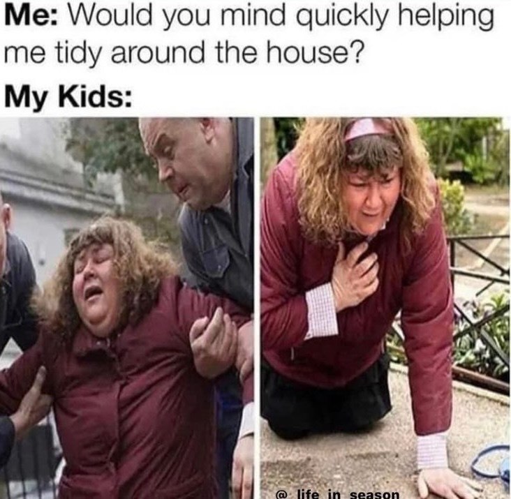 Me: Would you mind quickly helping me tidy around the house? My Kids: life in season