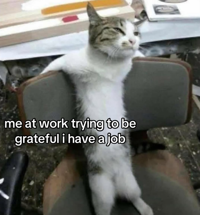 me at work trying to be grateful i have a job