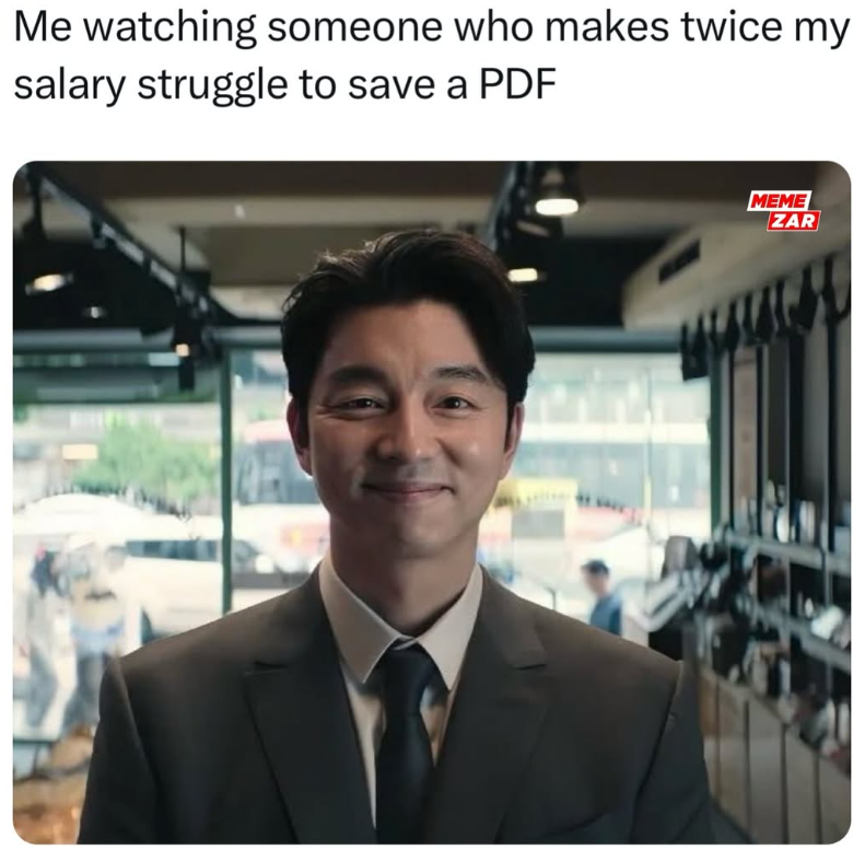 Me watching someone who makes twice my salary struggle to save a PDF MEME ZAR