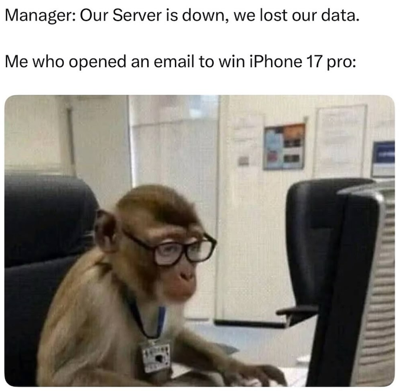 Manager: Our Server is down, we lost our data. Me who opened an email to win iPhone 17 pro: