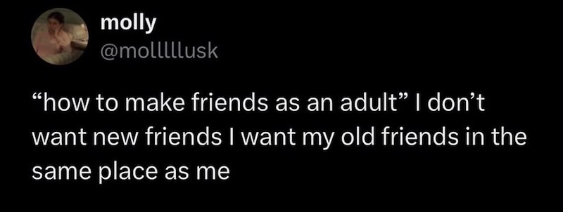 molly @molllllusk "how to make friends as an adult" I don't want new friends I want my old friends in the same place as me