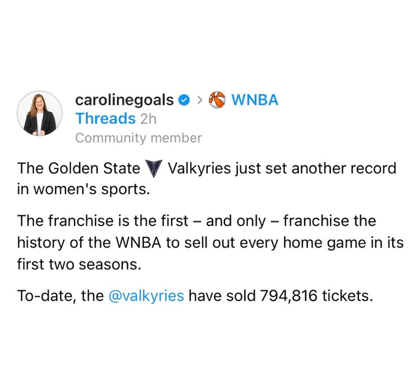 carolinegoals Threads 2h Community member The Golden State in women's sports. WNBA Valkyries just set another record The franchise is the first - and only - franchise the history of the WNBA to sell out every home game in its first two seasons. To-date, the @valkyries have sold 794,816 tickets.