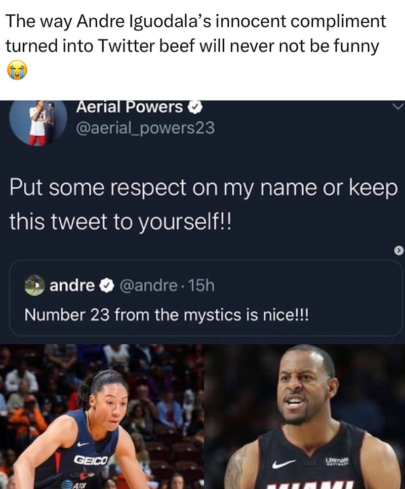 The way Andre Iguodala's innocent compliment turned into Twitter beef will never not be funny Aerial Powers @aerial_powers23 Put some respect on my name or keep this tweet to yourself!! andre @andre.15h Number 23 from the mystics is nice!!! GEICO Utimal AT&