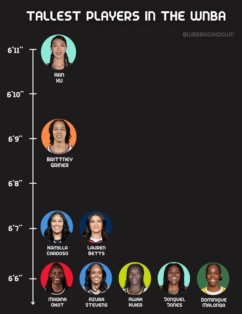 6'11" TALLEST PLAYERS IN THE WNBA 6'10" HAN ጸሀ 6'9" 6'8" 6'7" 6'6" BRITTNEY GRINER KAMILLA CARDOSO LAUREN BETTS QWBBBREAKDOWN MADINA OKOT AZURA STEVENS AWAK KUIER DONQUEL DONES DOMINIQUE MALONGA