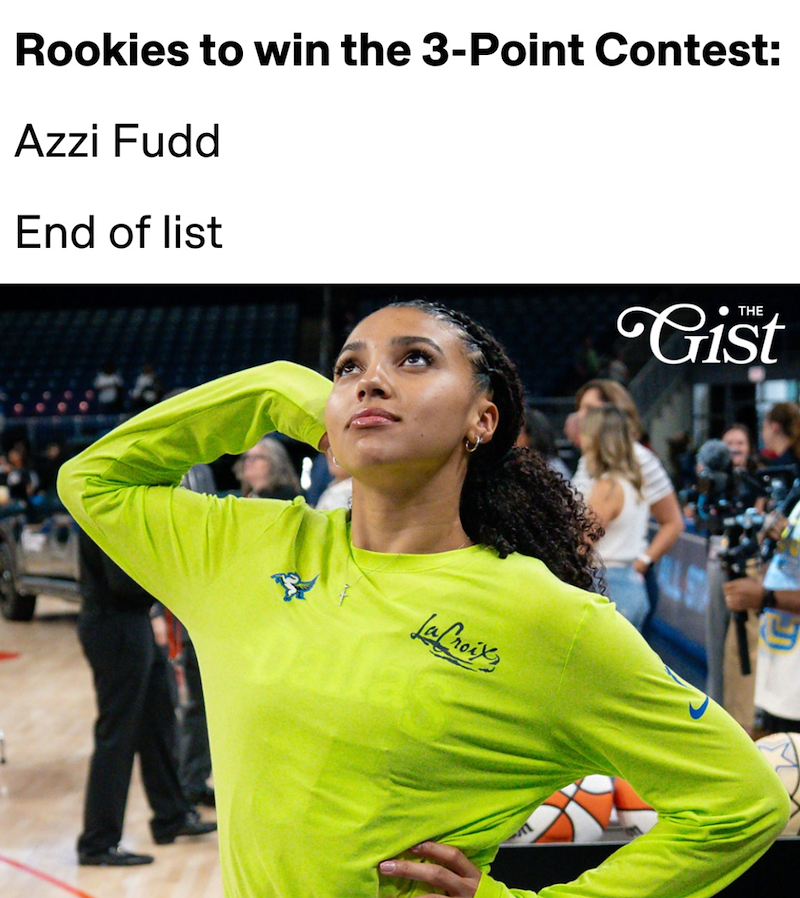 Rookies to win the 3-Point Contest: Azzi Fudd End of list LaCroix Dallas Gist