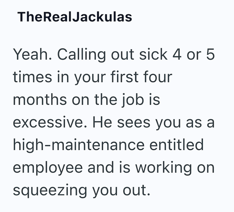 TheRealJackulas Yeah. Calling out sick 4 or 5 times in your first four months on the job is excessive. He sees you as a high-maintenance entitled employee and is working on squeezing you out.