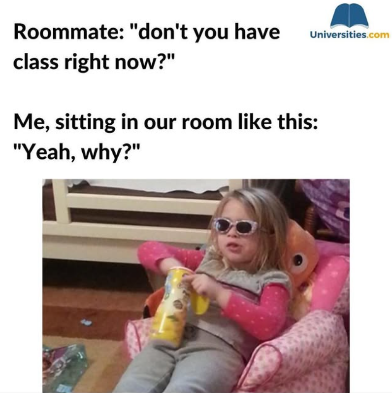 Roommate: "don't you have Universities.com class right now?" Me, sitting in our room like this: "Yeah, why?"