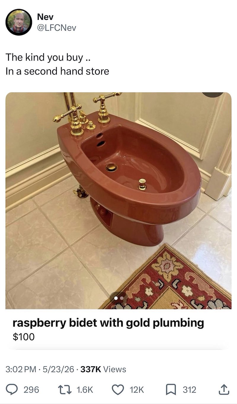 Nev @LFCNev The kind you buy .. In a second hand store raspberry bidet with gold plumbing $100 3:02 PM 5/23/26 337K Views 296 1.6K 12K 312 ↑