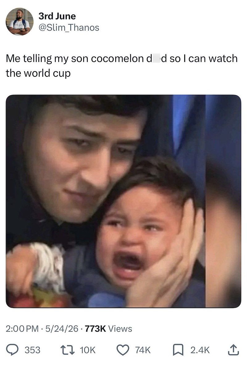3rd June @Slim_Thanos Me telling my son cocomelon d d so I can watch the world cup 2:00 PM 5/24/26 773K Views 353 17 10K 74K 2.4K ↑