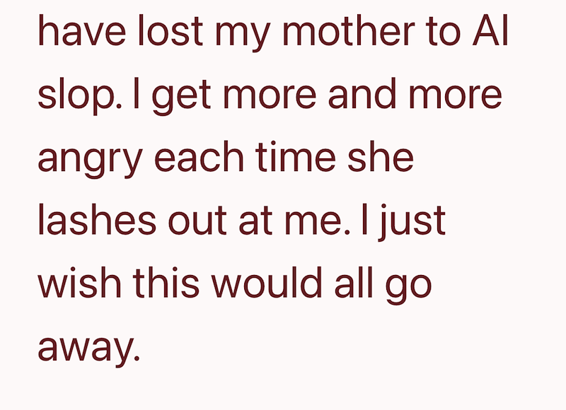 have lost my mother to Al slop. I get more and more angry each time she lashes out at me. I just wish this would all go away.
