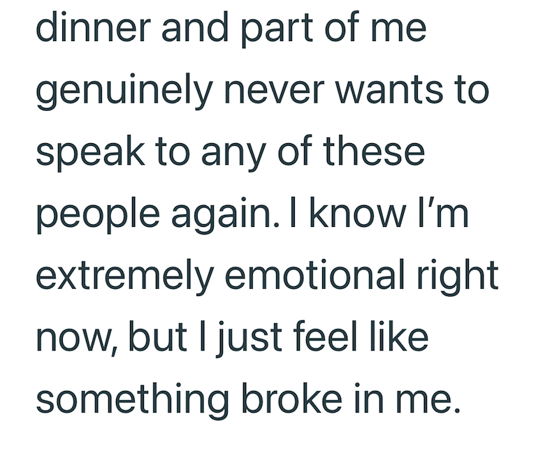 dinner and part of me genuinely never wants to speak to any of these people again. I know I'm extremely emotional right now, but I just feel like something broke in me.