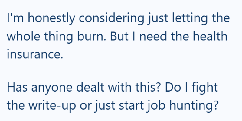 I'm honestly considering just letting the whole thing burn. But I need the health insurance. Has anyone dealt with this? Do I fight the write-up or just start job hunting?
