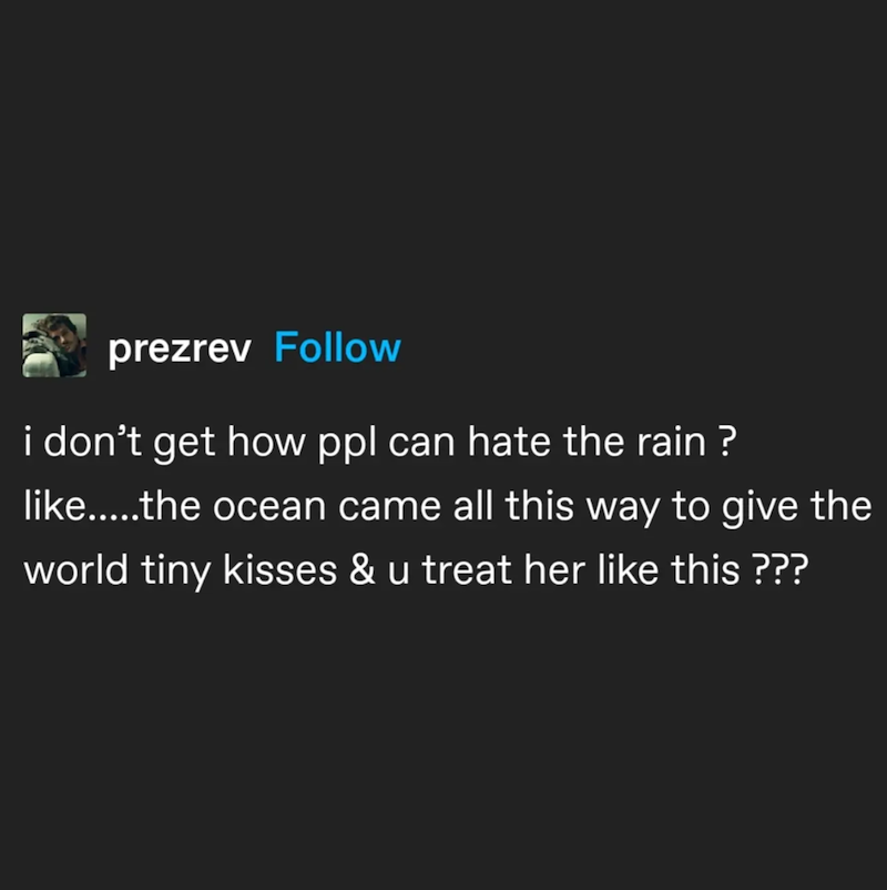 prezrev Follow i don't get how ppl can hate the rain ? like.....the ocean came all this way to give the world tiny kisses & u treat her like this ???