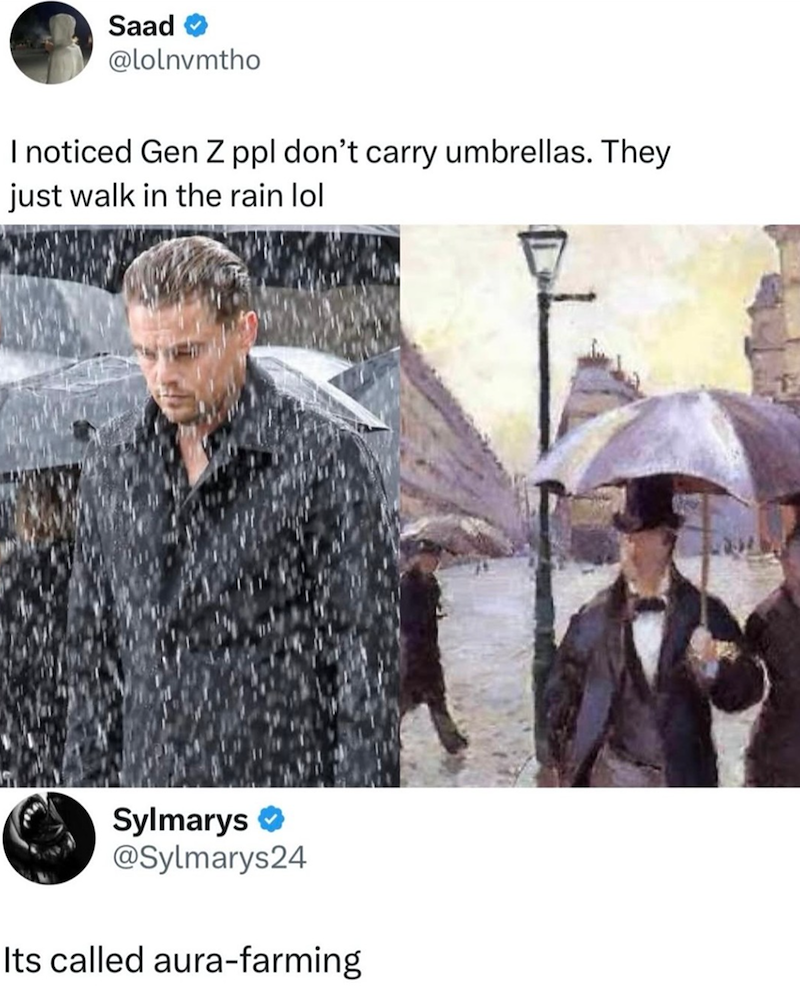 Saad @lolnvmtho I noticed Gen Z ppl don't carry umbrellas. They just walk in the rain lol Sylmarys ❤ @Sylmarys24 Its called aura-farming