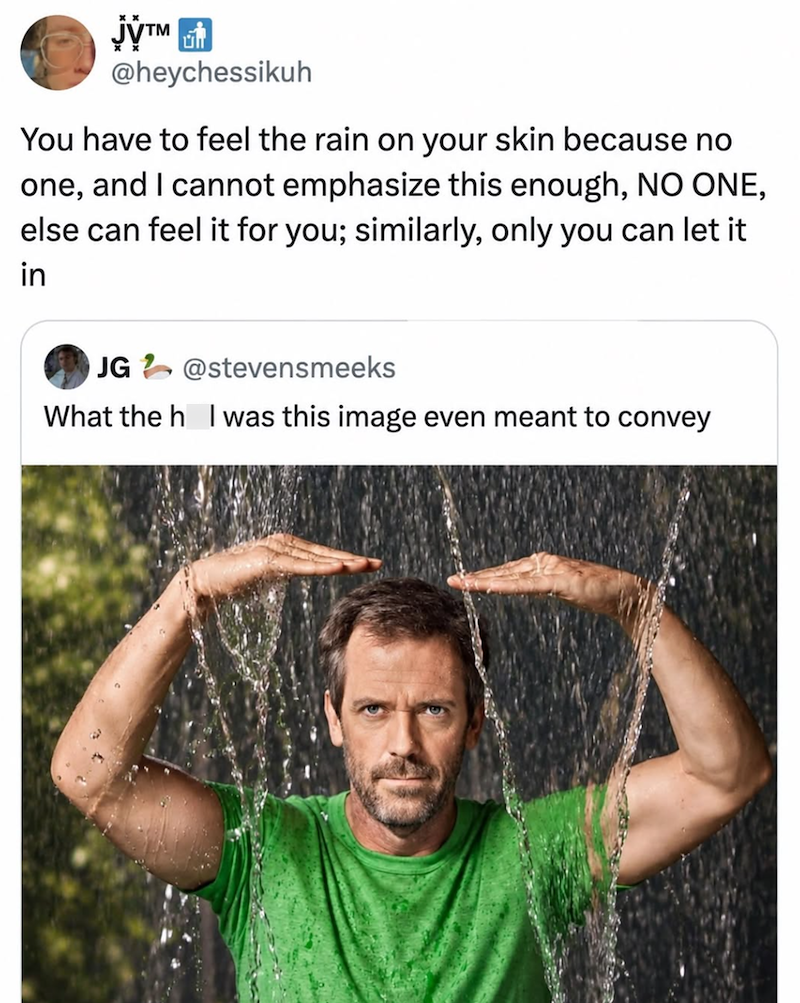 јутм @heychessikuh You have to feel the rain on your skin because no one, and I cannot emphasize this enough, NO ONE, else can feel it for you; similarly, only you can let it in JG @stevensmeeks What the h I was this image even meant to convey