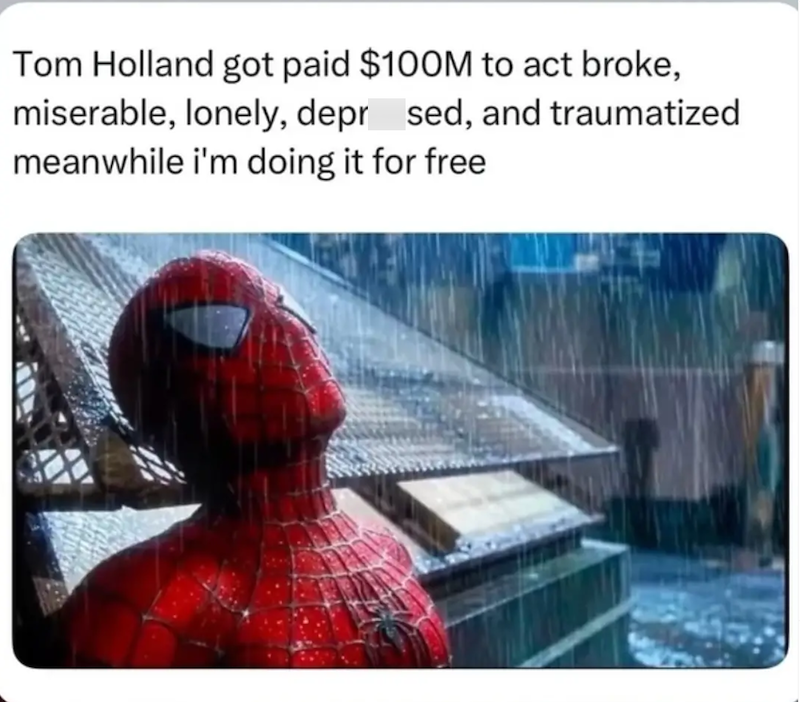 Tom Holland got paid $100M to act broke, miserable, lonely, depr sed, and traumatized. meanwhile i'm doing it for free.