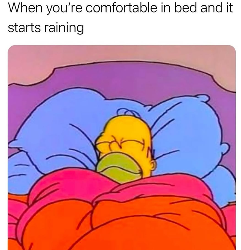 When you're comfortable in bed and it starts raining