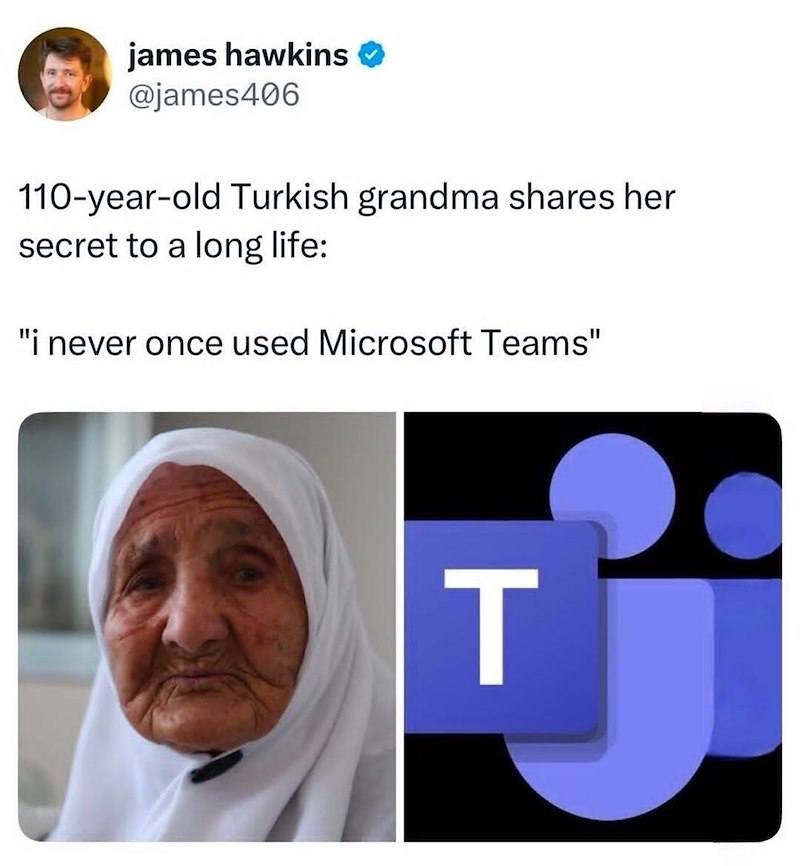 james hawkins ✔ @james406 110-year-old Turkish grandma shares her secret to a long life: "i never once used Microsoft Teams" T