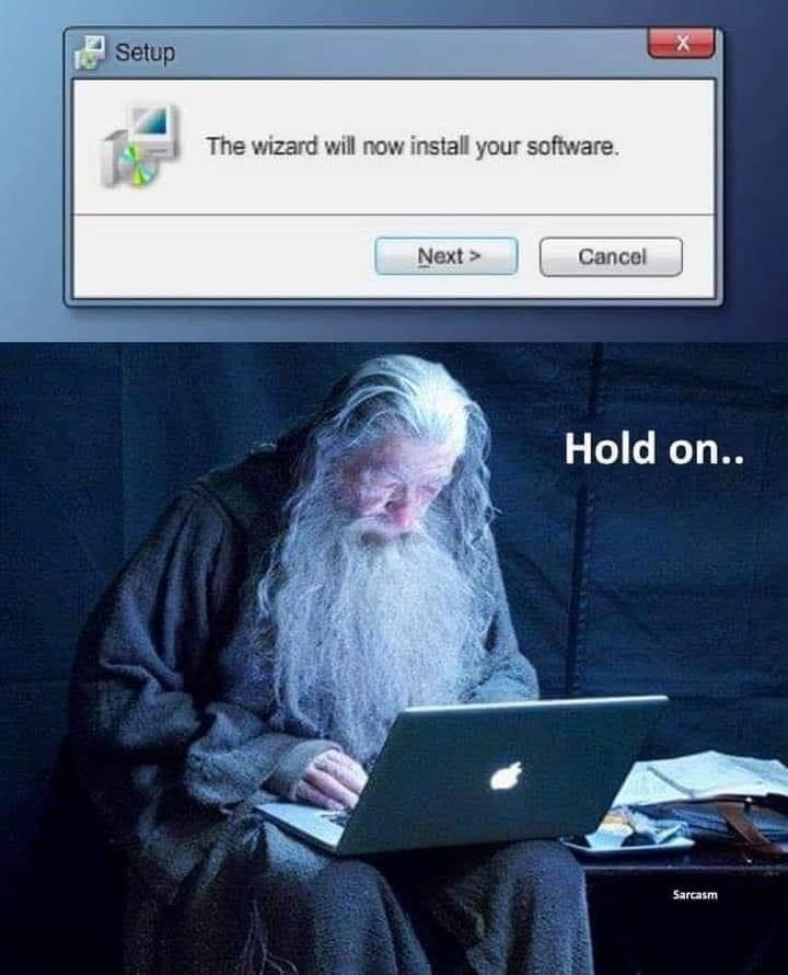 Setup The wizard will now install your software. Next > Cancel X Hold on.. Sarcasm