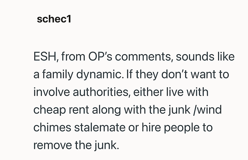 schec1 ESH, from OP's comments, sounds like a family dynamic. If they don't want to involve authorities, either live with cheap rent along with the junk/wind chimes stalemate or hire people to remove the junk.