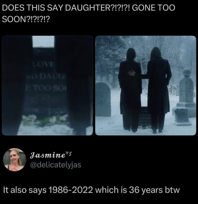 DOES THIS SAY DAUGHTER?!?!?! GONE TOO SOON?!?!?!? LOVE NO DAUG E TOO SO Jasmine's @delicatelyjas It also says 1986-2022 which is 36 years btw