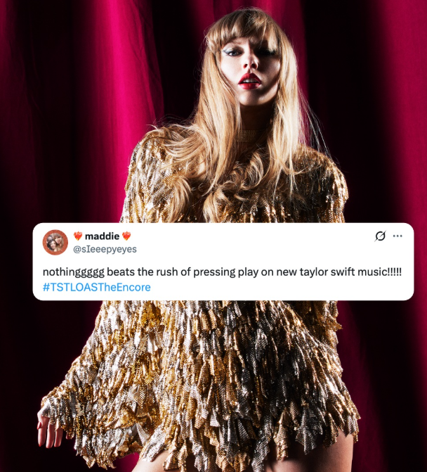 maddie @sIeeepyeyes 0 nothinggggg beats the rush of pressing play on new taylor swift music!!!!!! #TSTLOASTheEncore