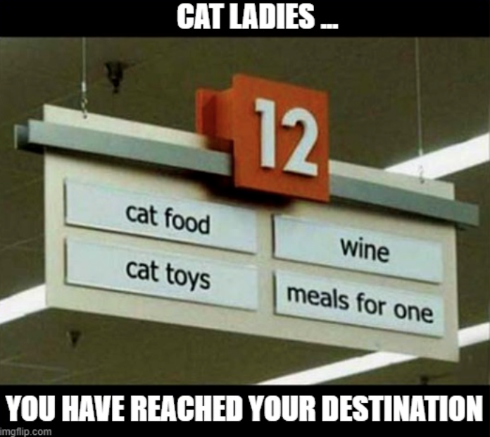 CAT LADIES ... 12 cat food wine cat toys meals for one YOU HAVE REACHED YOUR DESTINATION imgflip.com