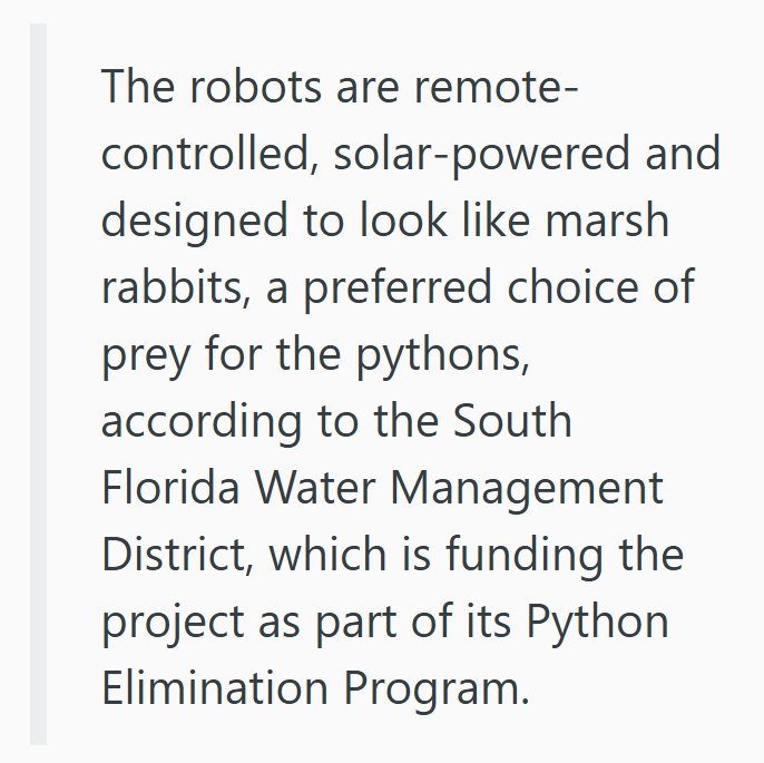 The robots are remote- controlled, solar-powered and designed to look like marsh rabbits, a preferred choice of prey for the pythons, according to the South Florida Water Management District, which is funding the project as part of its Python Elimination Program.