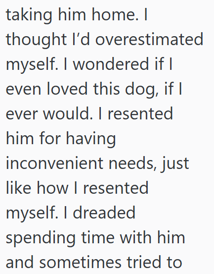 taking him home. I thought I'd overestimated myself. I wondered if I even loved this dog, if I ever would. I resented him for having inconvenient needs, just like how I resented myself. I dreaded spending time with him and sometimes tried to