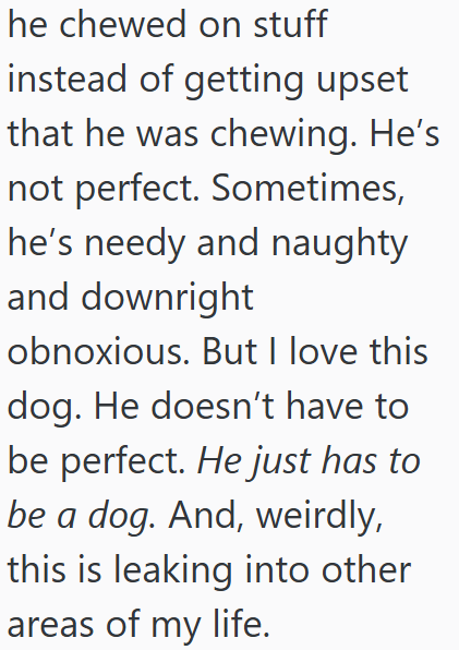 he chewed on stuff instead of getting upset that he was chewing. He's not perfect. Sometimes, he's needy and naughty and downright obnoxious. But I love this dog. He doesn't have to be perfect. He just has to be a dog. And, weirdly, this is leaking into other areas of my life.