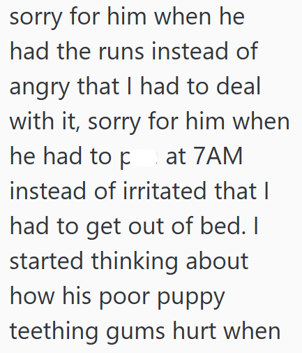 sorry for him when he had the runs instead of angry that I had to deal with it, sorry for him when he had to pat 7AM instead of irritated that I had to get out of bed. I started thinking about how his poor puppy teething gums hurt when