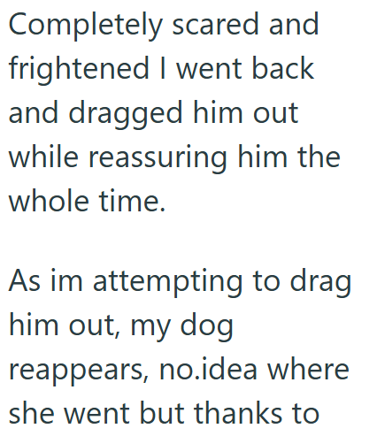 Completely scared and frightened I went back and dragged him out while reassuring him the whole time. As im attempting to drag him out, my dog reappears, no.idea where she went but thanks to
