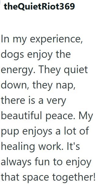 theQuiet Riot369 In my experience, dogs enjoy the energy. They quiet down, they nap, there is a very beautiful peace. My pup enjoys a lot of healing work. It's always fun to enjoy that space together!