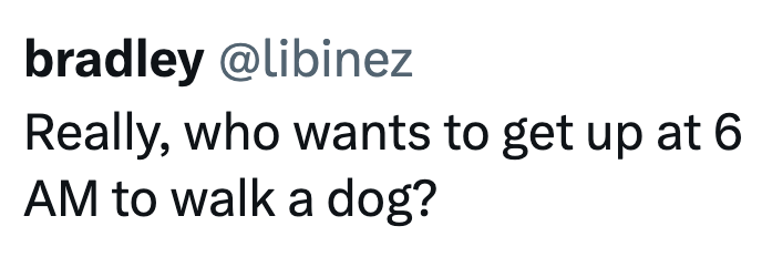 bradley @libinez Really, who wants to get up at 6 AM to walk a dog?
