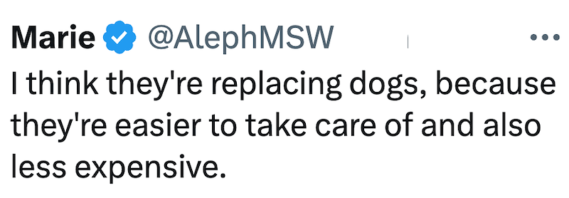 Marie @AlephMSW I think they're replacing dogs, because they're easier to take care of and also less expensive.