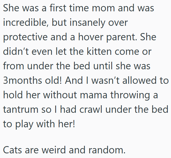 She was a first time mom and was incredible, but insanely over protective and a hover parent. She didn't even let the kitten come or from under the bed until she was 3months old! And I wasn't allowed to hold her without mama throwing a tantrum so I had crawl under the bed to play with her! Cats are weird and random.