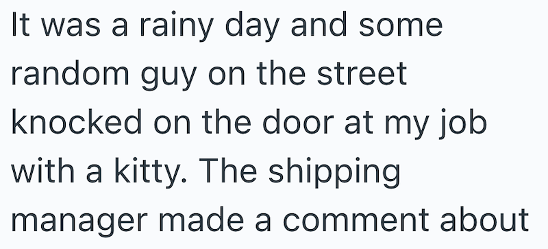 It was a rainy day and some random guy on the street knocked on the door at my job with a kitty. The shipping manager made a comment about