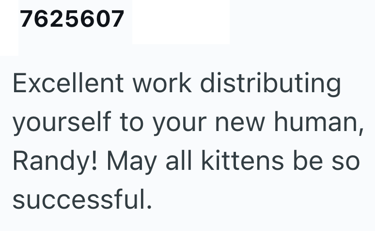 7625607 Excellent work distributing yourself to your new human, Randy! May all kittens be so successful.