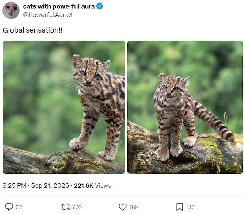 cats with powerful aura @PowerfulAuraX Global sensation!! 3:25 PM - Sep 21, 2026 221.6K Views 32 17770 16K 512