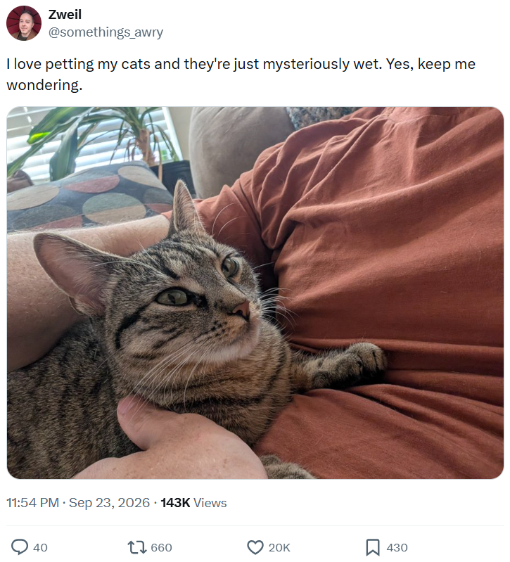 Zweil @somethings_awry I love petting my cats and they're just mysteriously wet. Yes, keep me wondering. • 11:54 PM · Sep 23, 2026 143K Views 40 17660 20K 430